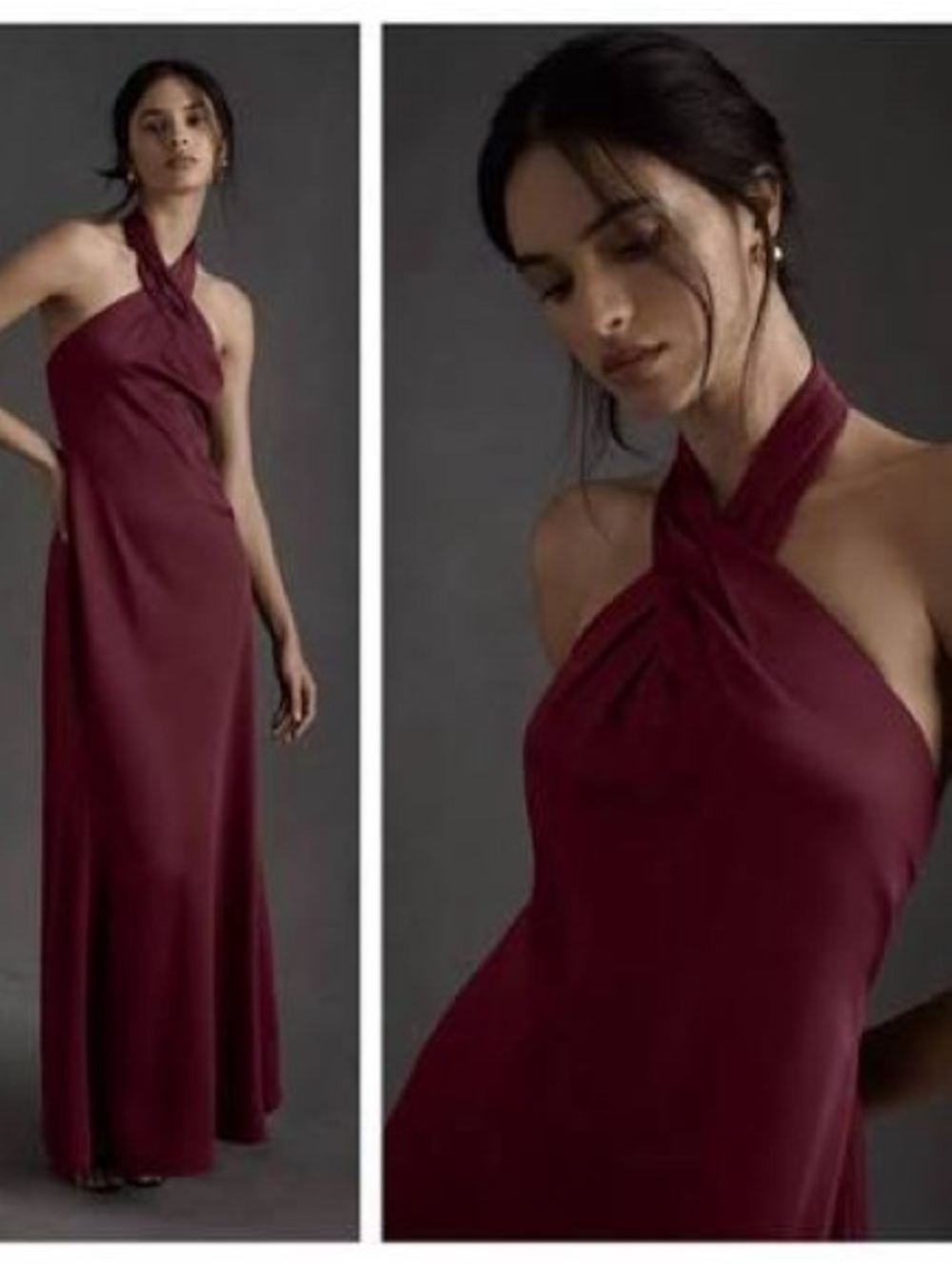 BHLDN Ruby Twist Halter Satin Gown Dark Berry Burgundy Maxi Dress